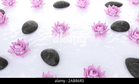 3D-gerenderte spa Illustration - Lotus Blumen und Steine Stockfoto