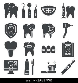 Flache Ikonen der Zahnpflege und Zahnarzt Dienstleistungen Stock Vektor