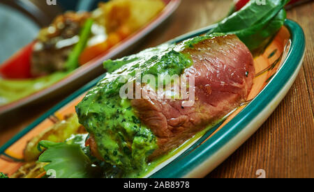 Steak de Burgo, Steak Gericht und eine regionale Spezialität im Mittelwesten, speziell Des Moines, Iowa. Rinderfilet entweder gekrönt mit Butter, Knoblauch, ein Stockfoto