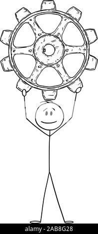 Vektor cartoon Strichmännchen Zeichnen konzeptionelle Darstellung der Mann oder Geschäftsmann Holding großes Zahnrad, Zahnrad oder Zahnrad. Stock Vektor