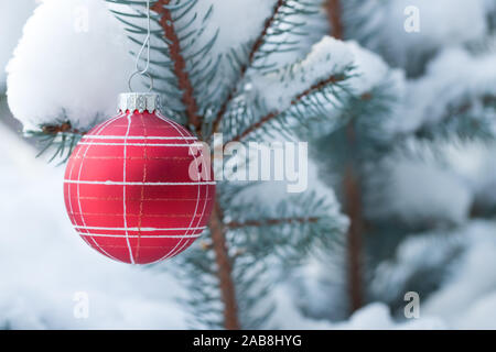 Ein Makro Nahaufnahme eines Christmas Ornament an einem verschneiten Pine Tree Branch. Stockfoto