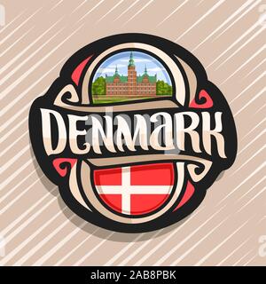 Vektor logo für Dänemark Land, Kühlschrank Magnet mit dänischen Staat Flagge, original brush Schrift für Wort Dänemark und der dänischen nationalen Symbol - Rosenborg Stock Vektor