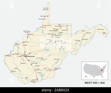 Straßenkarte des US amerikanischen Bundesstaat West Virginia Stock Vektor