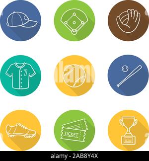 Baseball Zubehör Flachbild lineare lange Schatten Symbole gesetzt. Sechskantschrauben, Feld, Mitt, t-shirt, Ball, bat, Schuhputzmaschine, Tickets, Auszeichnung der Sieger. Kit's Softballspieler. Vect Stock Vektor
