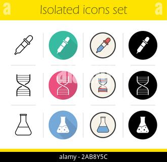 Chemisches Labor Symbole gesetzt. Flache Bauweise, linear, Schwarz und Farbe. Wissenschaft Forschung Ausstattung. Medizinisches Labor Kolben mit Flüssigkeit, DNS-Spirale und Stock Vektor