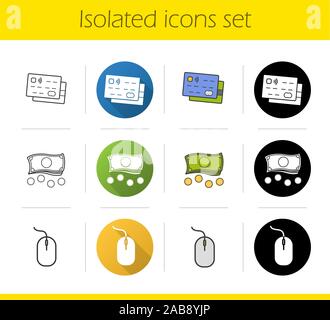 Online banking Symbole gesetzt. Flache Bauweise, linear, Schwarz und Farbe. Kreditkarten, Bargeld und Münzen, Computer Maus. Isolierte Vektorgrafiken Stock Vektor