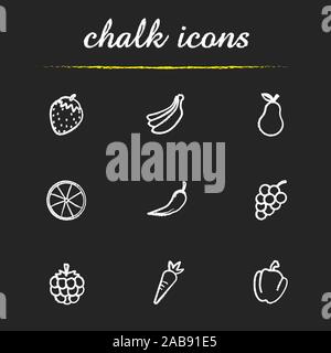 Obst und Gemüse chalk Symbole gesetzt. Erdbeere, Bündel Bananen, Birnen, Orangen, hot chili Pfeffer, Weintraube, Himbeere, Karotte, Paprika illus Stock Vektor