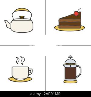 Tee und Kaffee Farbe Symbole gesetzt. Classic Wasserkocher, Schokoladenkuchen auf Platte, dampfenden Tasse Tee, Kaffee französischen Presse. Isolierte Vektorgrafiken Stock Vektor