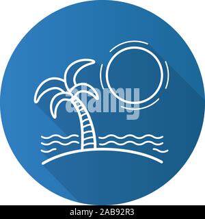 Tropische Insel mit Sonne, Wellen und Palm Tree Flachbild lineare lange Schatten Symbol. Meer Urlaub. Vektor linie das Symbol Stock Vektor