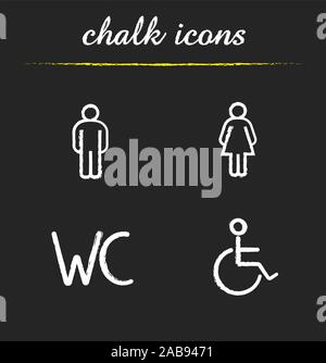 WC wc Türschilder. Chalk restroom Symbole gesetzt. Mann und Frau Silhouette und Behinderte Rollstuhl Illustrationen. Isolierte vektor Schiefertafel Zeichnungen Stock Vektor