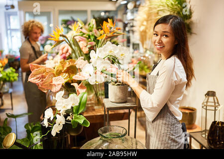 Jungen asiatischen Blumenhändler in Ausbildung Krankenschwestern Blumen im Blumenladen Stockfoto