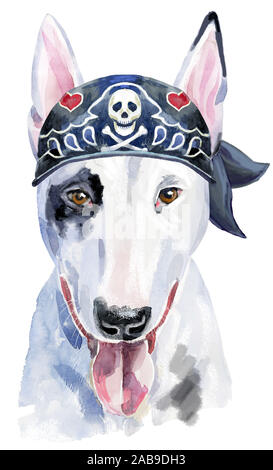 Aquarell Portrait von Bull Terrier mit Biker Bandana Stockfoto