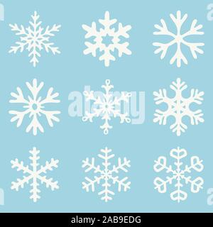 Vektor einrichten der weißen Schneeflocken auf blauem Hintergrund isoliert. abstrakte schneeflocke Zeichnung Sammlung für Weihnachten und Winter Abbildungen Stock Vektor