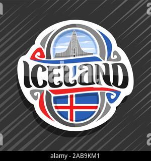 Vektor logo für Island Land, Kühlschrank Magnet mit isländischer Flagge, original Pinsel font für Word Island und isländische nationale Symbol - Hallgrimskirk Stock Vektor