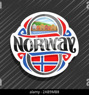 Vektor logo für Norwegen Land, Kühlschrank Magnet mit norwegischer Flagge, original brush Schrift für Wort Norwegen und norwegische nationale Symbol - alte Häuser Stock Vektor