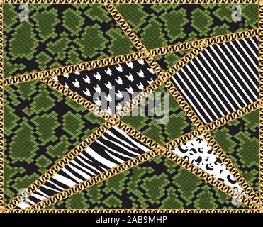 Nahtlose Tier Haut Textur mit goldenen Ketten. Geometrische Muster. - Vektor Stock Vektor