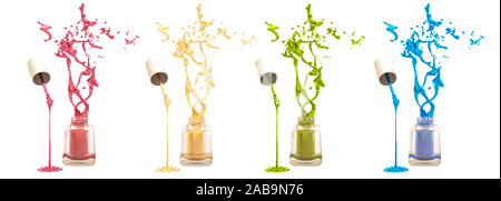 Isolierte Flaschen Nagellack mit Bürsten und spritzt in verschiedenen Farben. 3D-Rendering, 3D-Darstellung. Stockfoto