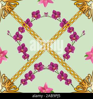 Goldene Ketten und Zubehör mit bunten Blumen. Nahtlose floralen Muster. - Vektor Stock Vektor