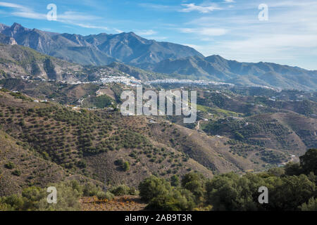 Weiße Dorf Frigiliana und Sierra de Almijara Gebirge im Hintergrund. Stockfoto