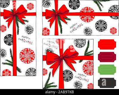 Weihnachten Geschenk mit dekorativen Red Ribbon und grünen Zweig in verschiedenen Formaten - für weihnachtsgrüße oder Banner Stock Vektor