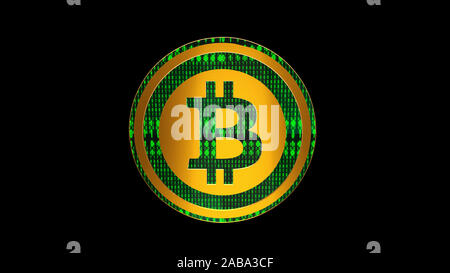 Bitcoin Symbol, der gold cryptocurrency Münze mit binären Code auf schwarzem Hintergrund schließen, Ansicht von vorne, 3D-Rendering Stockfoto