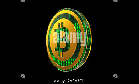 Bitcoin Symbol, der gold cryptocurrency Münze mit binären Code auf schwarzem Hintergrund schließen, Seitenansicht, 3D-Rendering Stockfoto