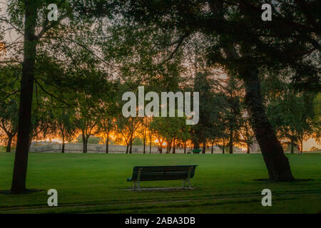 Am frühen Morgen in einem ruhigen Park, leere Parkbank Stockfoto