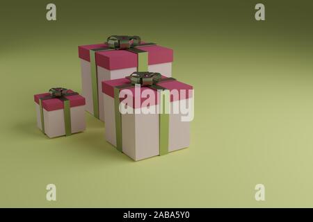 Geschenkboxen mit glänzenden Bänder und Bogen. Festliche Verpackung, minimalistisches Design für Postkarten oder Werbung speichert. 3D Rendering Illustration. Stockfoto