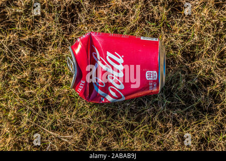 Eine horizontale Blickrichtung nach unten closeup an einer hellen roten Coca-Cola können zur Festlegung auf das Gras im Freien an einem sonnigen Tag im Herbst Stockfoto