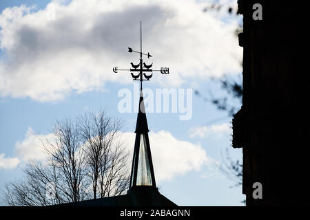 Silhouette einer Wetter (Wind) Flügelzellen- und Emblem des University College, Universität Oxford, England, auf ein Gebäude auf der Hauptplatine Lane. Stockfoto