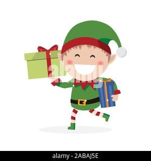 Weihnachten Kobold. Kleine Elfe mit präsentiert. Flache Vector Illustration Stock Vektor