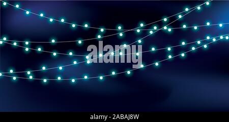 Weihnachtsbeleuchtung auf dunkelblauem Hintergrund. Leuchtende Lichter für Weihnachten und das neue Jahr. Blaue lichter Kranz. Sammlung von glühenden Girlande. Vektor Stock Vektor