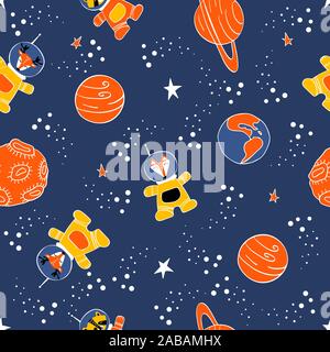 Nahtlose Muster mit niedlichen Tiere im Raum. Fuchs, Waschbär und Rotwild in Raumanzügen mit Planeten und Sternen auf blauem Hintergrund. Vector Illustration. Stock Vektor