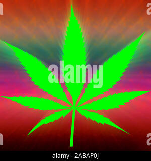 Eine bunte tie dye Cannabis leaf Hintergrundbild. Stockfoto