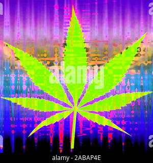 Eine bunte tie dye Cannabis leaf Hintergrundbild. Stockfoto