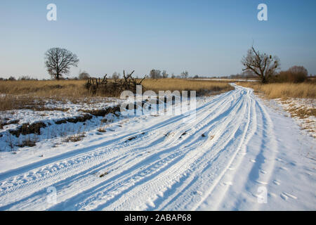 Verschneite Straße durch die Felder Stockfoto