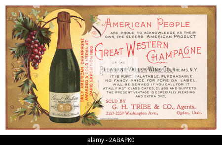 Jahrgang 1900 Great Western Champagner frühe Farbe drücken Sie die Postkarte Werbung Werbung Amerikanische 'Champagne' vom angenehmen Valley Wine Co. Von Rheims New York USA Amerika Wein Sekt Produktion c 1912 Pleasant Valley Wine Company Postkarte. Verkauft von GH Stamm & Co Ogden Utah USA Stockfoto