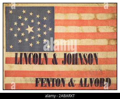 Vintage American 1864 seltene Lincoln & Johnson USA Präsidentschaftswahlkampf Fahne Flagge Johnson/Fenton & Alvord Textil, Ca. 1864 Politische Americana. 1864 Bundestagswahl: Politiker: Andrew Johnson (1808-1875), amerikanischer (1808-1875), abberufungsgesetz Kandidat Alvord, Thomas G., Amerikanische, Kandidat für Lt Gouverneur von New York, Lincoln, Abraham, Amerikanische (1809-1865), Präsidentschaftskandidat Fenton, Ruben E., Amerikanischer (1819-1885), Kandidat für den Gouverneur von New York politische Partei: Republikanische klassischen Stoff banner Stil Flagge Stockfoto