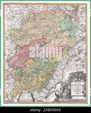 Burgund Frankreich HISTORISCHE VINTAGE KARTE Homann's 1716 Karte von Burgund, eine der in Frankreich wichtigsten Weinregionen. Erweitert Genfer See südwestlich, Lorraine Nord, Champagner und Angers nach Nordwesten und Bourgogne im Westen. Eine seltene Vintage historische Karte. Von J. H. Homann für die Aufnahme in die Gröberen Atlas in Nürnberg, 1716 veröffentlicht. Stockfoto