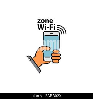 Smartphone in der Hand und die Inschrift zone Wi-FI-Linie, Farbe vektor Symbol, Zeichen, Symbol. Netzwerk Wi-FI Stock Vektor