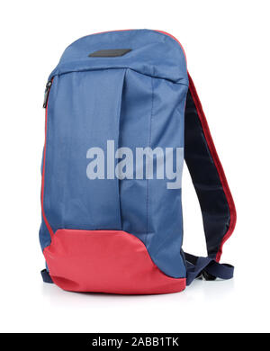 Kleine blaue Rucksack isoliert auf weißem Stockfoto