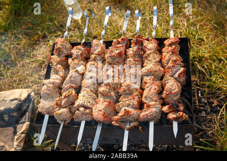 Kochen Grill Spieße. Marinierte Kebab ist auf Holzkohle gegrillt. Shish Kebab wurde von Lamm, Schwein, Rindfleisch, Huhn Stockfoto