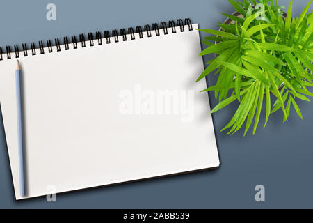 Blick von oben auf die leere Spirale Notizblock und Bleistift auf bläulichen Hintergrund mit Topfpflanzen Stockfoto