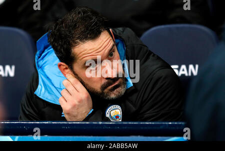 Manchester City Torhüter Scott Carson auf der Bank während der UEFA Champions League Gruppe C Gleiches an Etihad Stadium, Manchester. Stockfoto