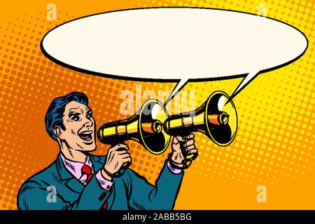 Geschäftsmann mit einem Megaphon. Ankündigung Werbung Stock Vektor