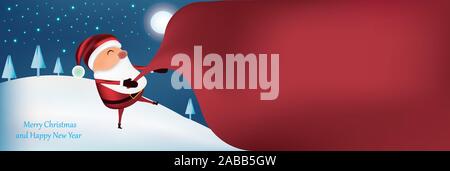 Little Santa Clause mit einer riesigen Tasche. Weihnachtsmann mit Geschenk präsentieren. Grenze Design mit Kopie Platz für Text. Schöne Weihnachten Abbildung Stock Vektor