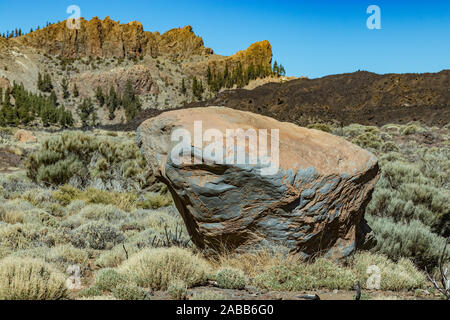 Riesige basalt Fragment. Junge Kiefern durch die warmen Strahlen der Sonne im Hintergrund beleuchtet. Berge und Kiefernwald in der Nähe von Vulkan Teide. Teid Stockfoto