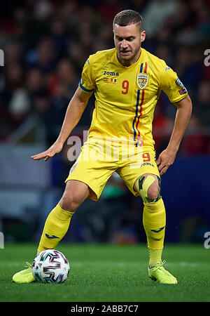 George Puscas von Rumänien in Aktion während der UEFA EURO-Qualifikation, Gruppe F Match zwischen Spanien vs Rumänien im Estadio de la Wanda Metropolitano in Madrid, Spanien, 18. November 2019. (Foto von Pablo Morano/LBA) Stockfoto