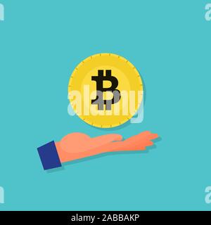 Bitcoin schweben über Kaukasische menschliche Hand Palm. Blauen Hintergrund. Flat Style Vektor Stock Vektor