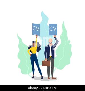 Konzept der Einstellung neuer Mitarbeiter, weibliche und männliche Kandidaten ihren Lebenslauf Holding. Flat Style lieferbar Vector Illustration. Stock Vektor
